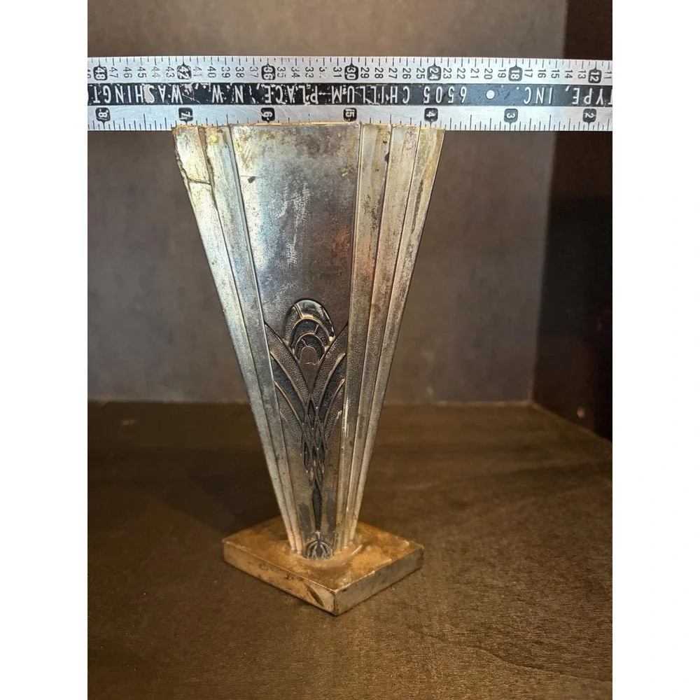 Vintage Art Deco Fan Vase Metal Geometric Stepped Japan Silver Tone 5.5in